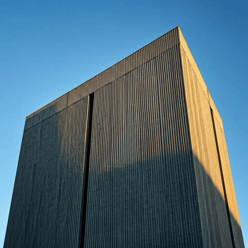 monolithic brutalist concrete skyscraper reflecting morning sunlight against a clear blue sky architectural detail